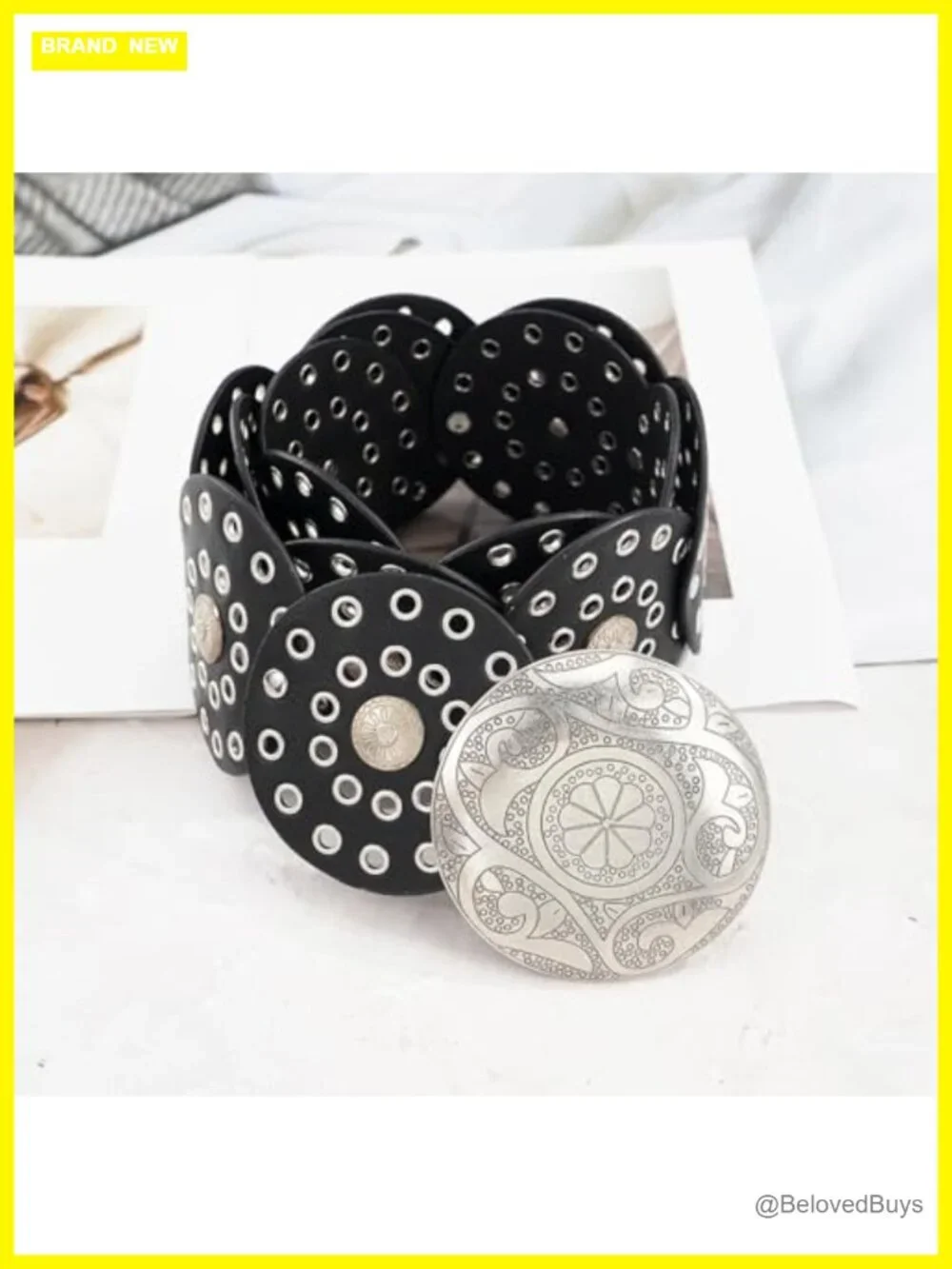 Vintage Hollow Boho Wide PU Leather Disc Belt, Adjustable